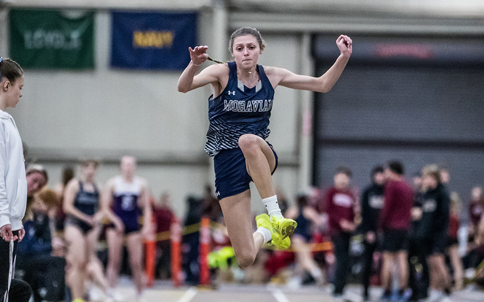 Freshman Ali Haefele competes in the triple jump during the Moravian Indoor Meet at Lehigh University's Rauch Fieldhouse. Photo by Cosmic Fox Media / Matthew Levine '11