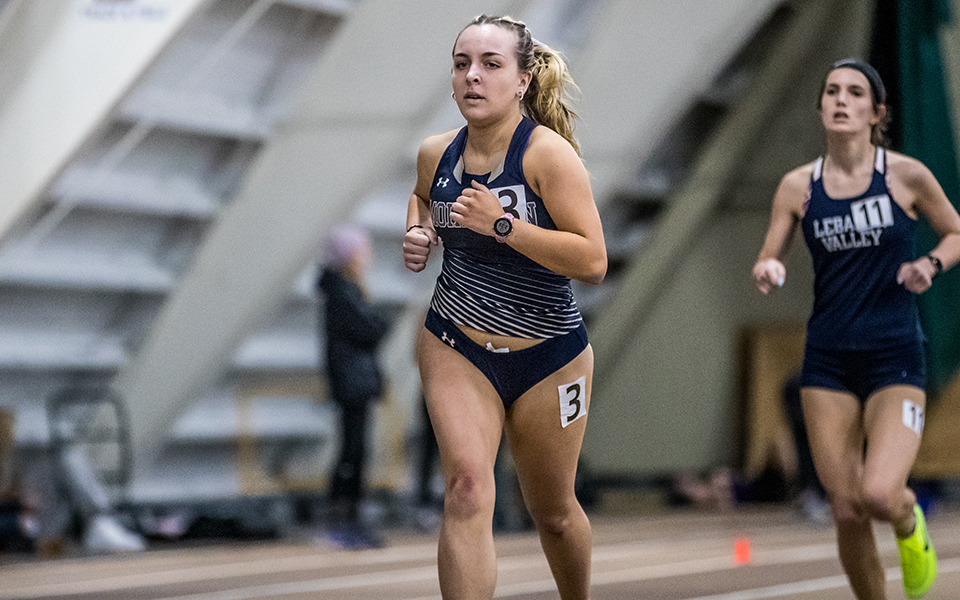 Sophomore Rylie Murphy competes in the Moravian Indoor Meet at Lehigh University's Rauch Fieldhouse earlier this season. Photo by Cosmic Fox Media / Matthew Levine '11