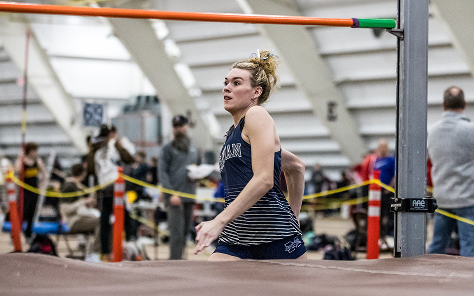 Junior Lexi Groff heads towards the bar in the high jump during the Moravian Indoor Meet at Lehigh University's Rauch Fieldhouse earlier this season. Photo by Cosmic Fox Media / Matthew Levine '11