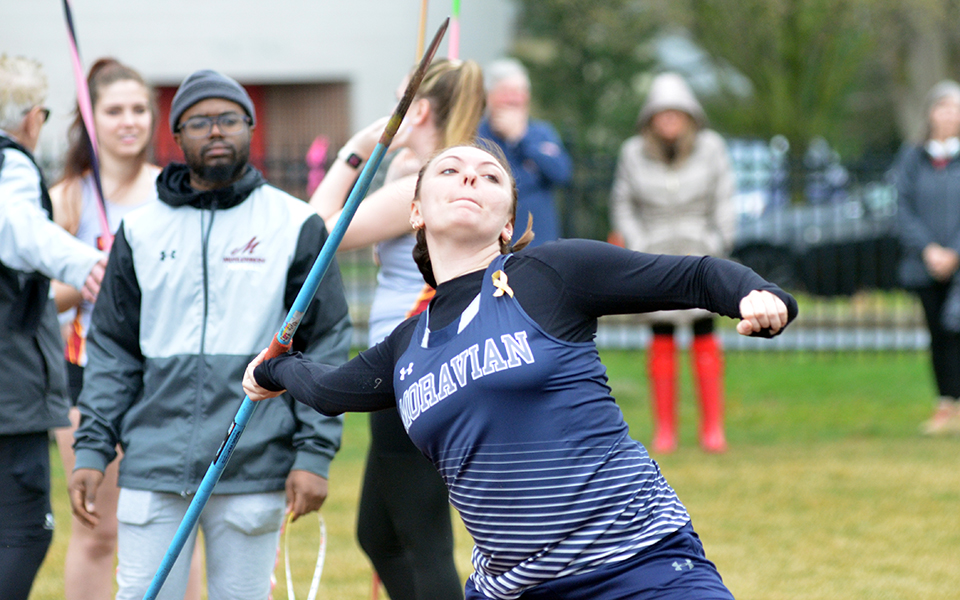Senior Delaney Wiseman competes in the javelin at the Muhlenberg College Invitational earlier this season. Photo courtesy of Muhlenberg College Sports Information