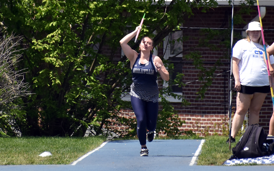Senior Delaney Wiseman starts down the javelin runway on the way to a runner-up finish in the event at the 2023 Landmark Conference Outdoor Championships at Timothy Breidegam Track. Photo by Justin Fleming