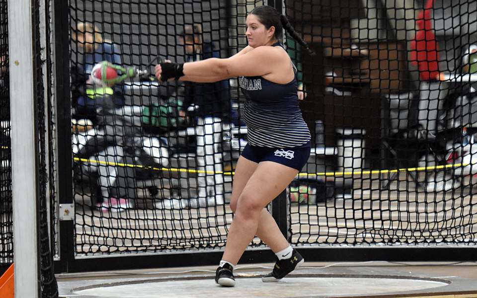 Junior Liz Miskovsky competes in the weight throw at the Lehigh University Mountain Hawk Opener in Rauch Fieldhouse.