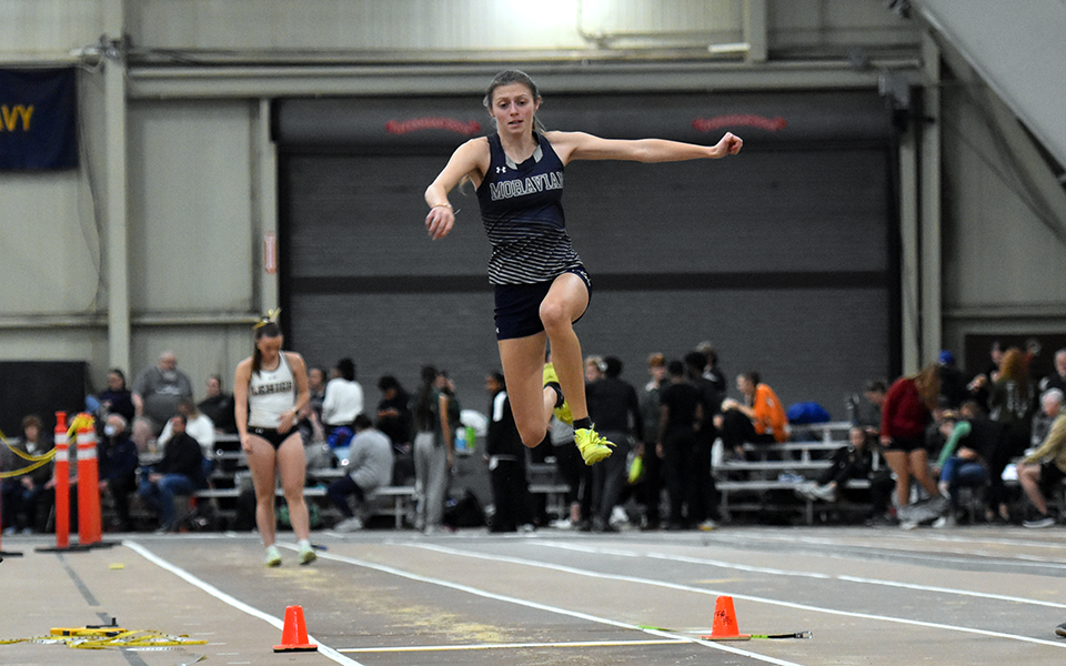 Sophomore Ali Haefele competes in the triple jump at the Lehigh University Mountain Hawk Opener in Rauch Fieldhouse.