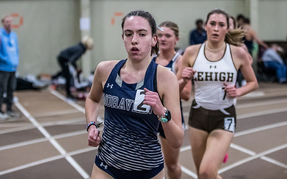 Sophomore Tata Smurla races during the Moravian Indoor Meet at Lehigh University's Rauch Fieldhouse. Photo by Cosmic Fox Media / Matthew Levine '11