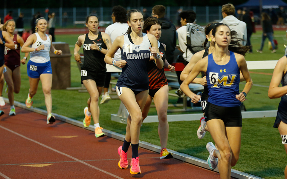Sophomore Tara Smurla races in the 10,000-meter run at the 2024 All-Atlantic Region Track & Field Conference Outdoor Championships at SUNY Cortland. Photo courtesy of Wyatt Eaton, Elizabethtown College Athletic Communications