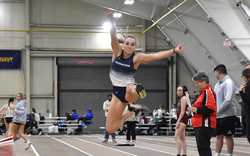 Freshman Emma Shafnisky competes in the long jump at the Lehigh University Fast Times Before Finals at Rauch Fieldhouse. Photo by Christine Fox