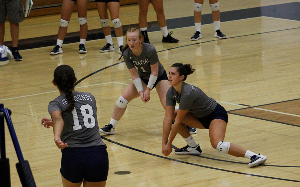 Sophomore Kirah Dreisbach gets ready to dig a ball in a match versus DeSales University in Johnston Hall.