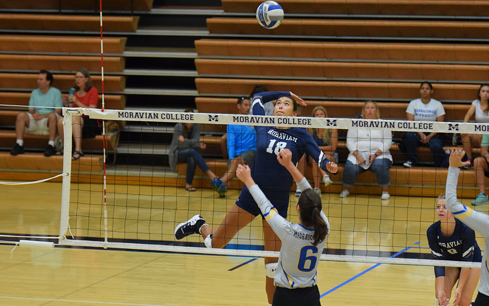 Sophomore Renee Mapa goes up for an attack attempt versus Misericordia University in the 17th Annual Greyhound Premiere Invitational in Johnston Hall.
