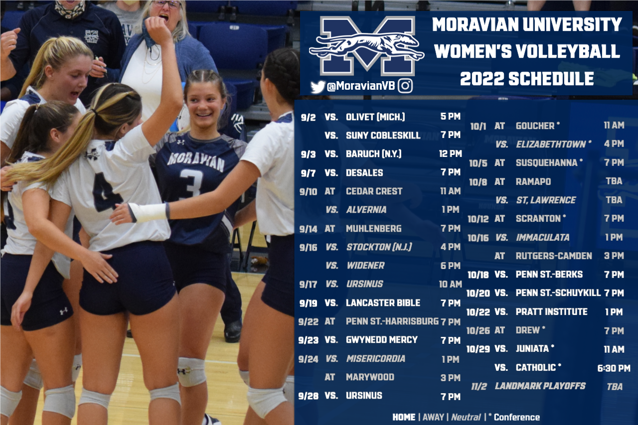 2022 moravian women's volleyball schedule with team huddle picture