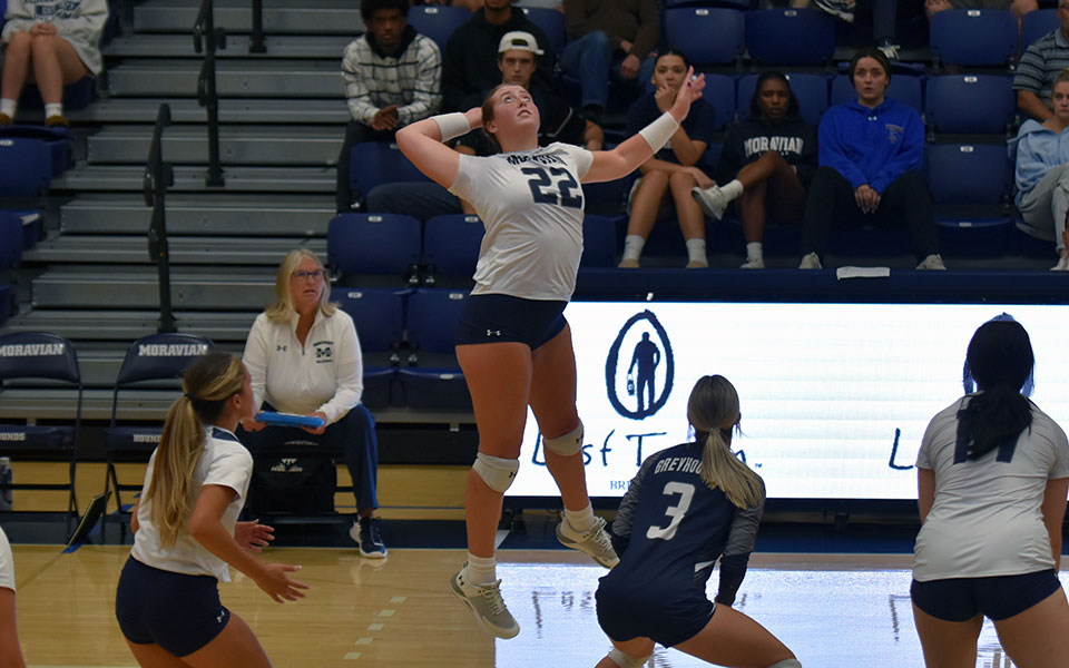 Sophomore Jenna Deegan goes up for an attack attempt versus DeSales University in Johnston Hall. Photo by Mairi West '23.