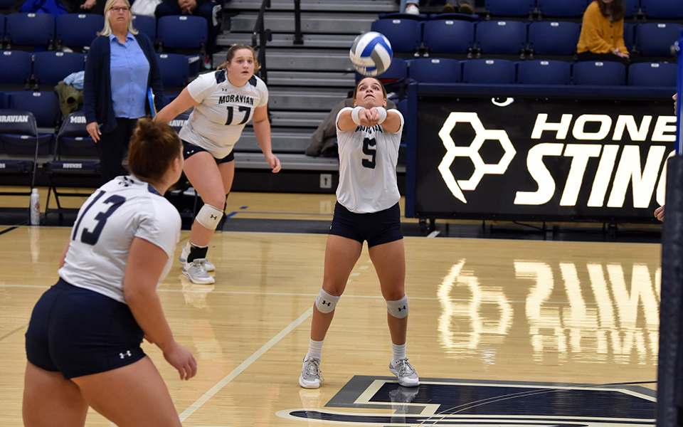 Junior defensive specialist Kat DeYesso digs up a ball in the second set versus Penn State-Berks in Johnston Hall. Photo by Mairi West '23