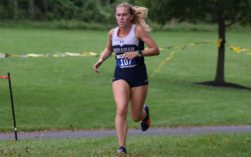 Katie Mayer races in the Moravian-Cedar Crest Invitational at Bicentennial Park in 2018.