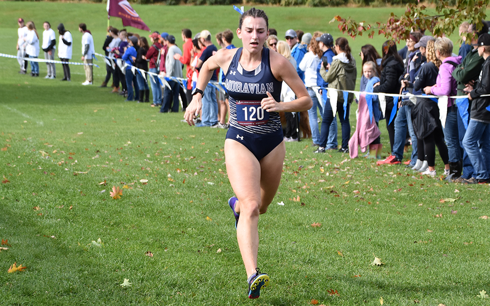 Senior Rachel Byrne comes into the finish line at the 2021 Landmark Conference Championships hosted by Moravian at Bicentennial Park.