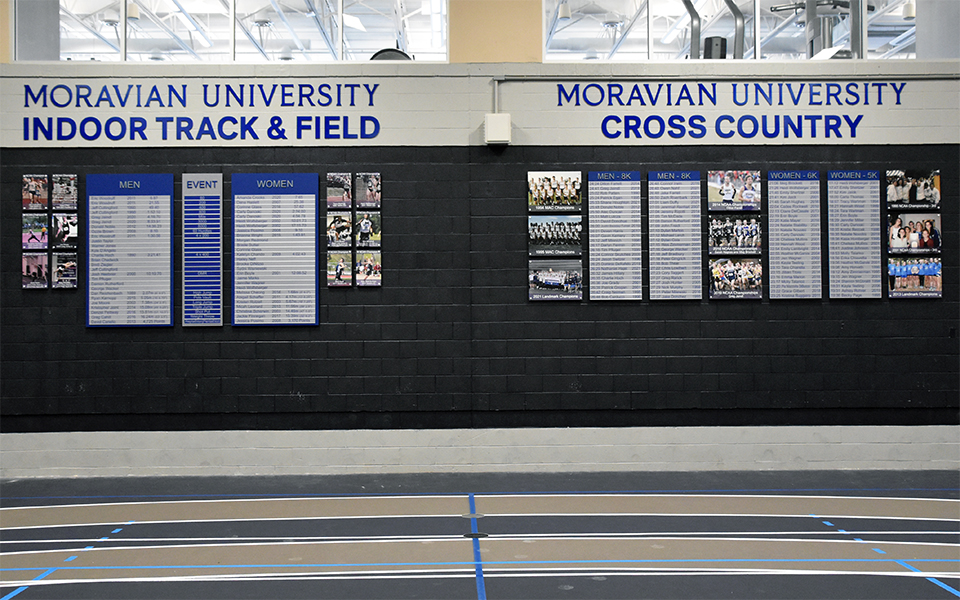 Moravian cross country and track & field programs have new record boards displayed inside the ARC and Timothy Breidegam Field House.