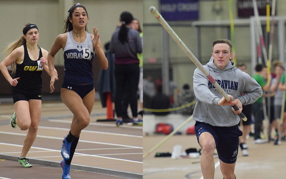 Junior Crystal Robinson and senior Max Schuman compete in the Moravian Indoor Meet in January 2020. Photos by Nicole Palmasano.