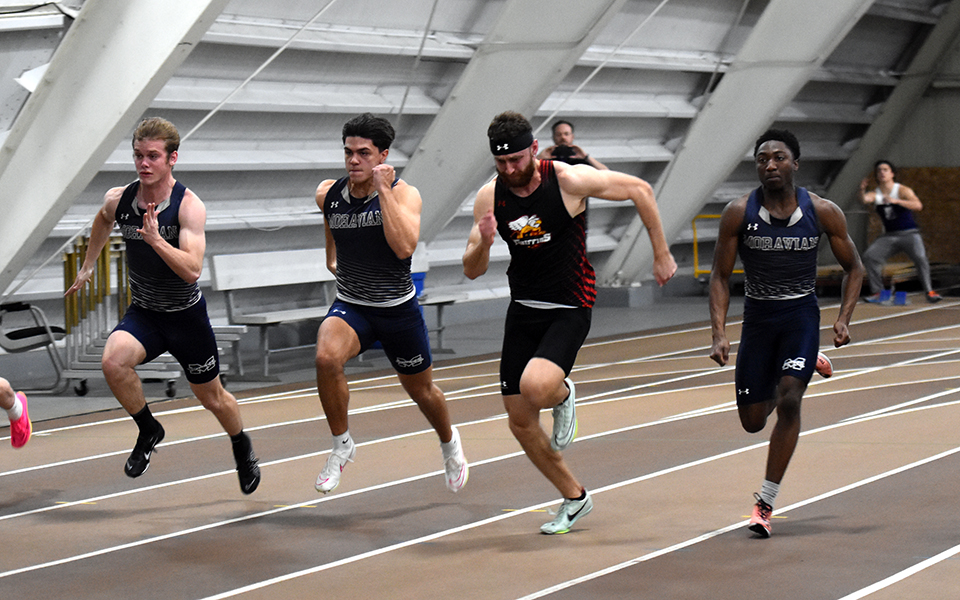 Junior Trevor Gray, sophomore Jacob Fenstermaker and freshman Javon McKay run in the finals of the 60-meter dash at the Lehigh University Mountain Hawk Opener at Rauch Fieldhouse. Photo by Christine Fox