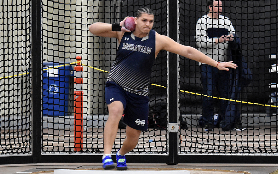 Freshman Anthony Morillo competes in the shot put at the Mountain Hawk Season Opener at Rauch Field House.