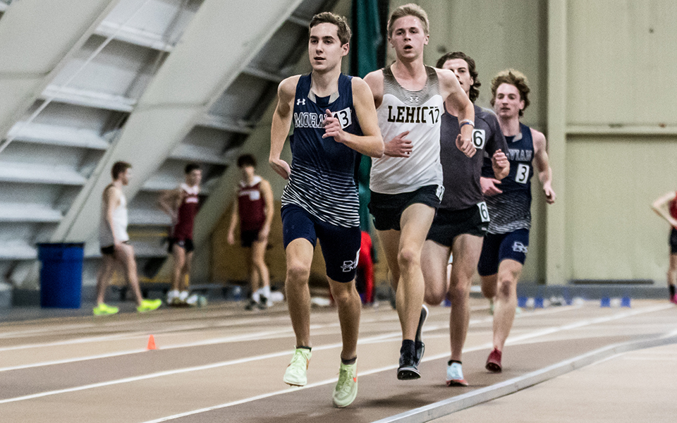 Junior Nathan Hajel competes during the Moravian Invitational at Lehigh University's Rauch Field House this winter. Photo by Cosmic Fox Media / Matthew Levine '11
