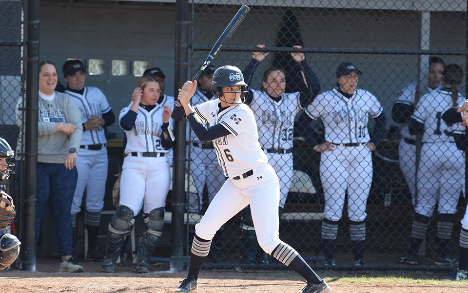 Sophomore center fielder Jessica Forder at the plate during the first game of a doubleheader with Lebanon Valley College at Blue & Grey Field. Photo by Christine Fox