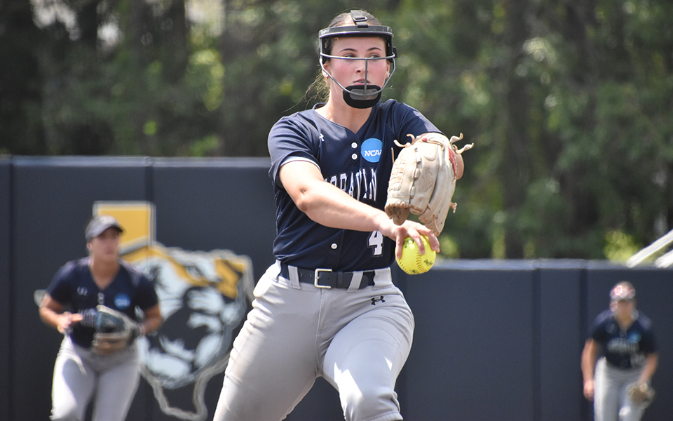 Sophomore Madi Cunningham delivers a pitch versus No. 1 Salisbury University in the opening game of the 2023 NCAA Division III World Series at East Texas Baptist University. Photo by Christine Fox