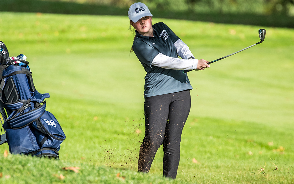 Freshman Ella Oswald chips the ball towards the green during the Muhlenberg College Fall Invitational at the Lehigh Country Club. Photo by Cosmic Fox Media / Matthew Levine '11