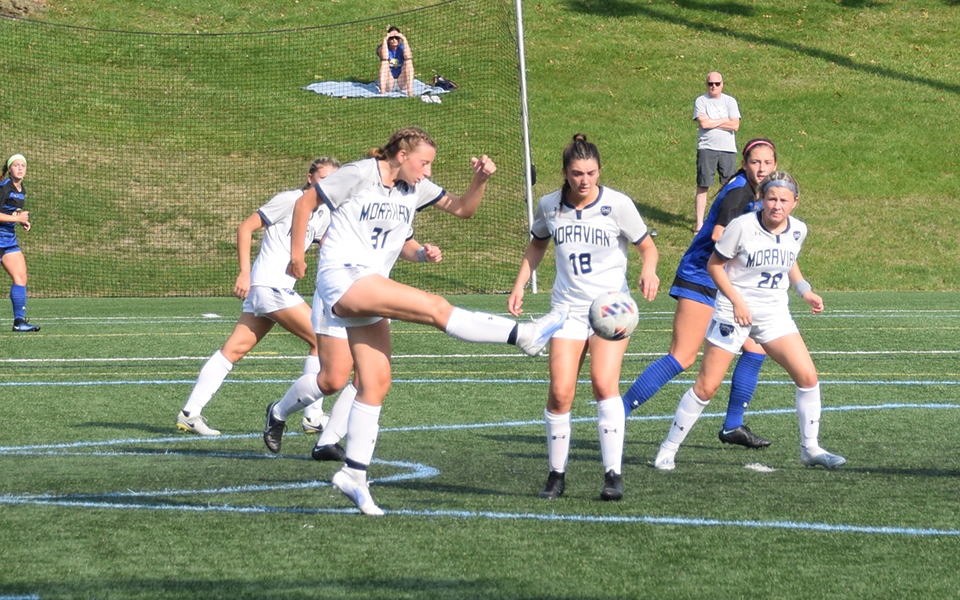 Sophomore Sydney DeFranco clears a ball away during the first half of a non-conference match versus Misericordia University on John Makuvek Field. Photo by Alex Dillon '26
