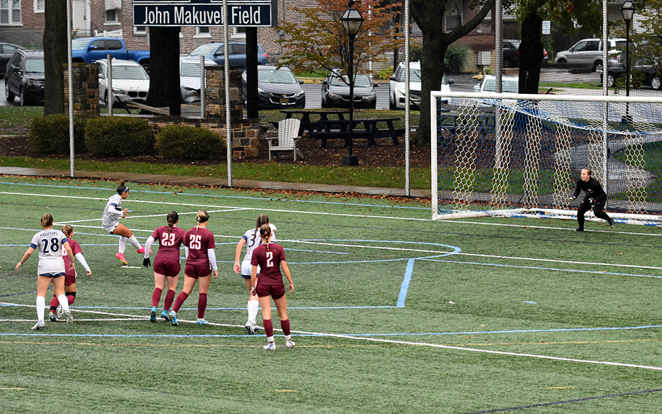Junior defender Hailey Scaff takes a penalty kick for her first career goal versus Susquehanna University on John Makuvek Field. Photo by Jordyn Itterly '25