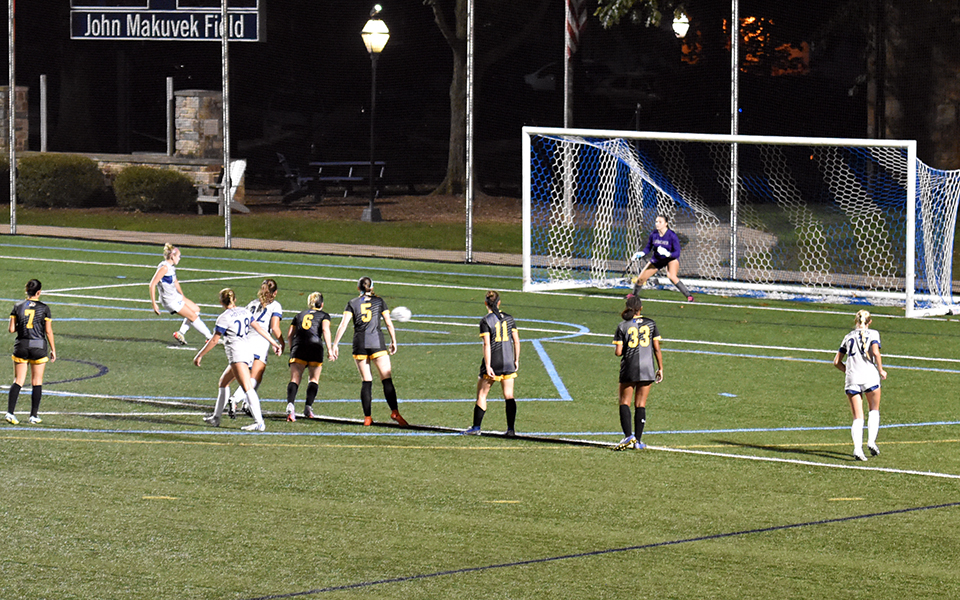 Junior defender Kylie Hughes takes a penalty kick in the first half versus Goucher College on John Makuvek Field. Photo by Mikayla Anderson '25