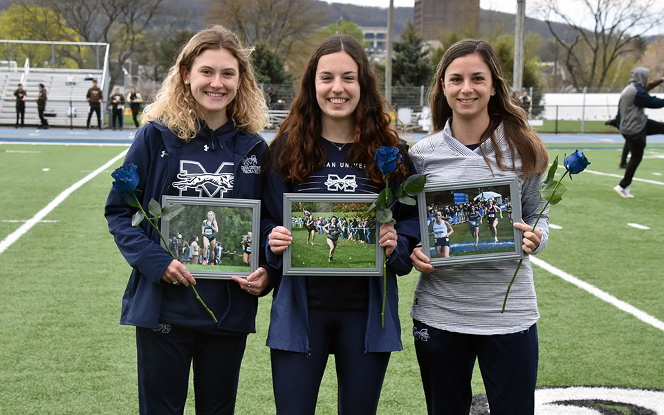 Moravian honored Santina Burak, Emma Marion and Natalie Stabilito prior to the start of the Coach Pollard Invitational at Rocco Calvo Field and Breidegam Track on Saturday morning.