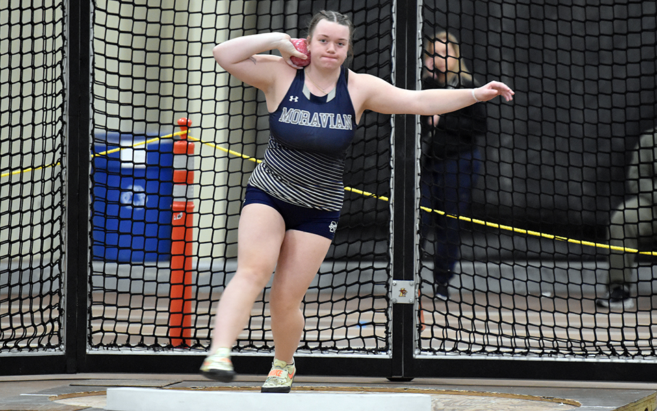 Sophomore Karalyn Vashey competes in the shot put at the Lehigh University Mountain Hawk Opener at Rauch Fieldhouse during the first meet of the 2023-24 season. Photo by Christine Fox
