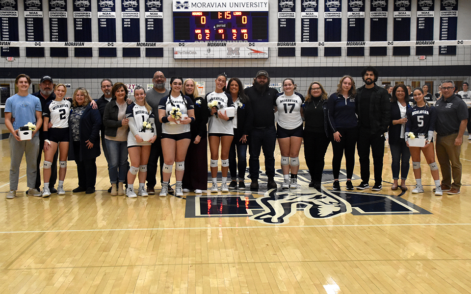 The 2023 senior women's volleyball players and their families were honored prior to the start of the season finale in Johnston Hall versus Penn State Berks.