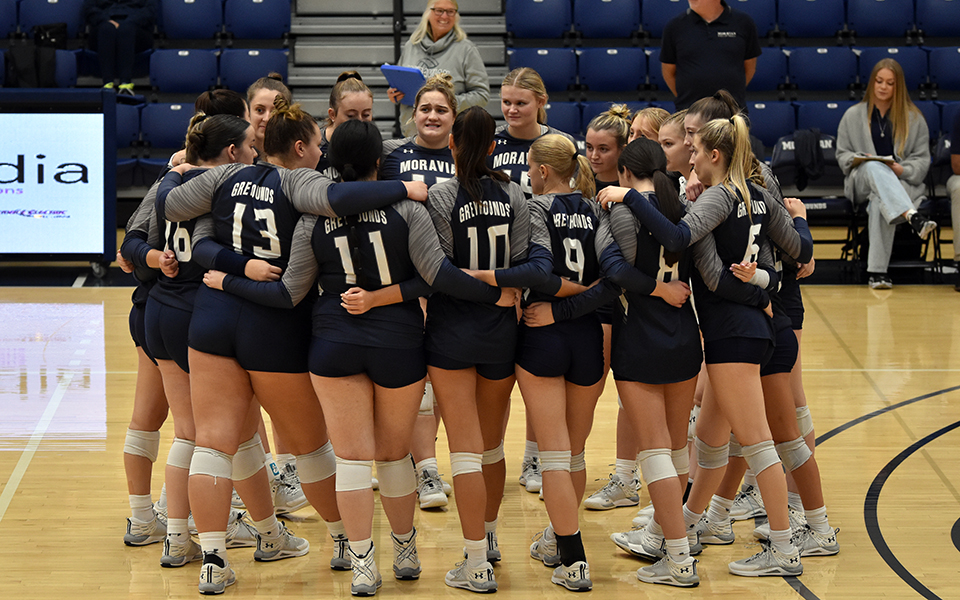 The Greyhounds huddle before the start of a Landmark Conference match with The University of Scranton in Johnston Hall. Photo by Jordyn Itterly '25
