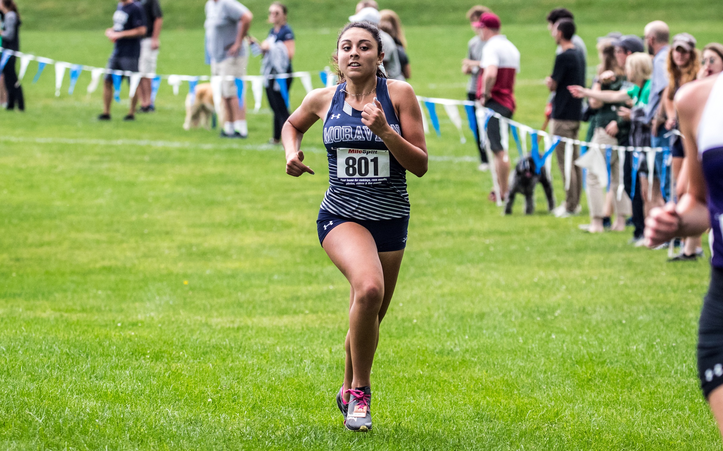 Sophomore Pia Mazzella DiBosco crossing the finish line at the Moravian Invitational at Bicentennial Park.